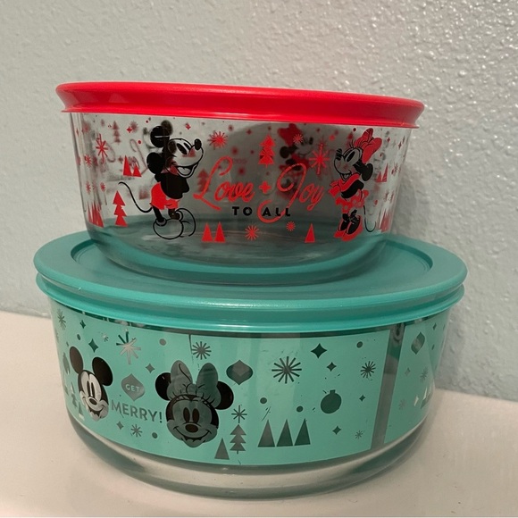 Pyrex Disney Mickey Minnie Mouse Glass Storage Bowls Lids Be Merry Turquoise Red - Picture 1 of 2